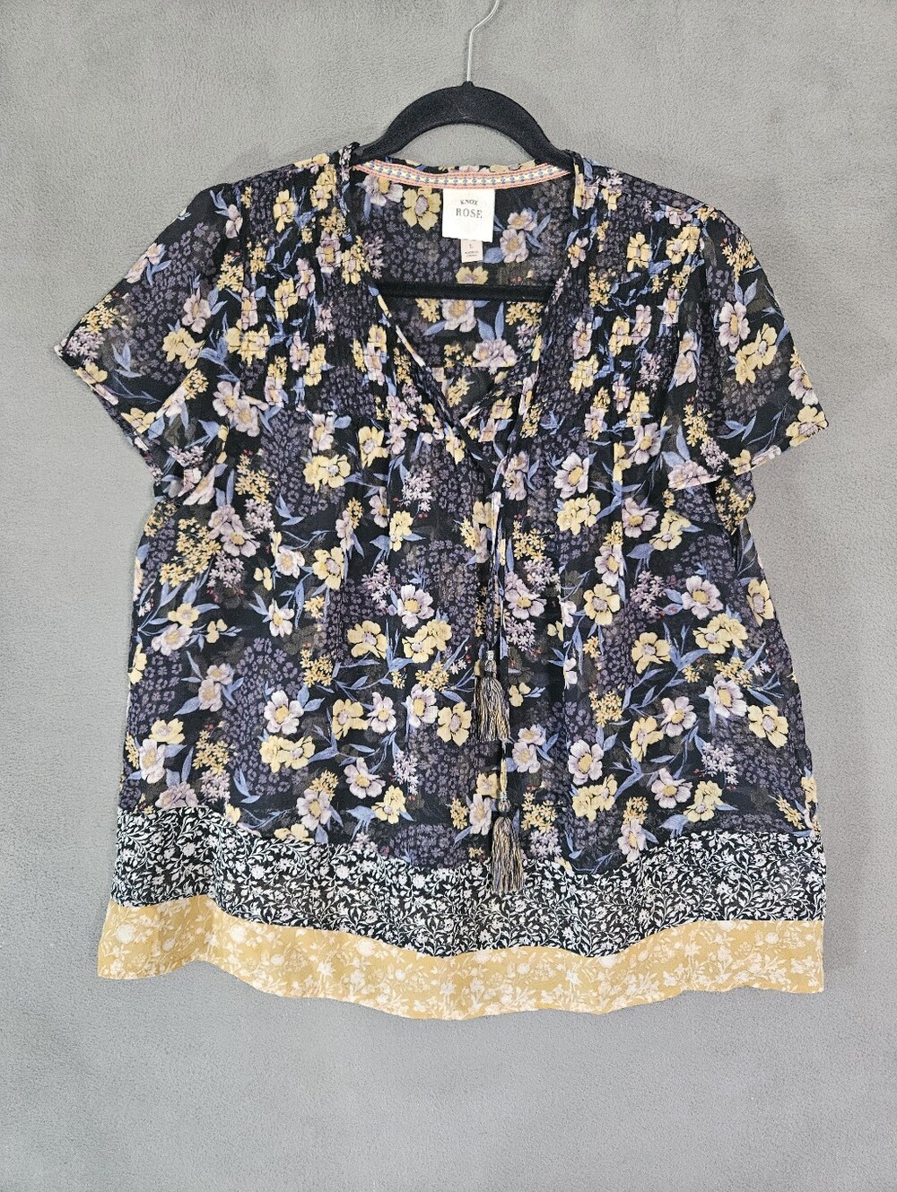 Knox Rose Womens Large Peasant Shirt Cottagecore Floral Sheer Flounce Tassels